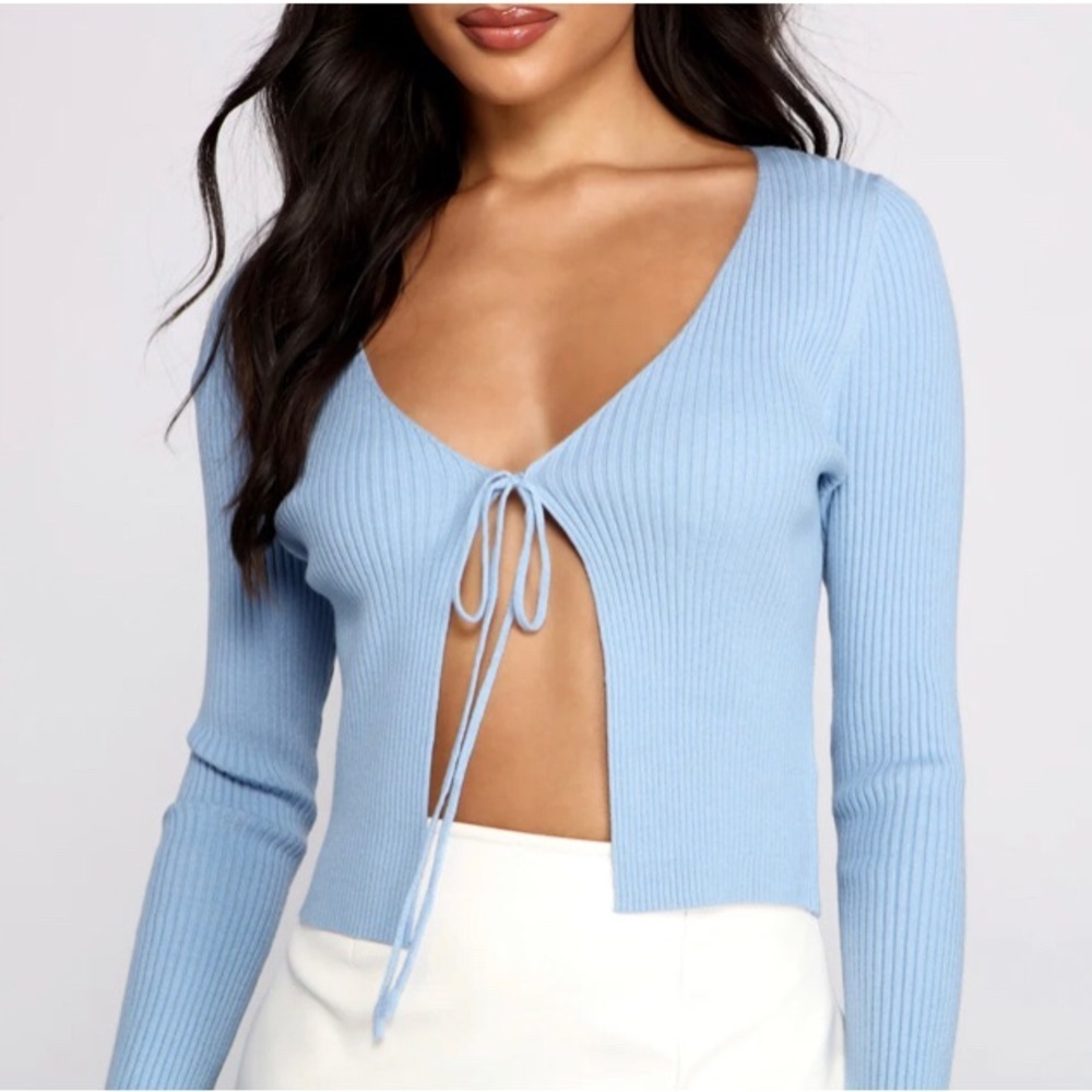 NWOT Shein powder blue ribbed tie cropped cardigan